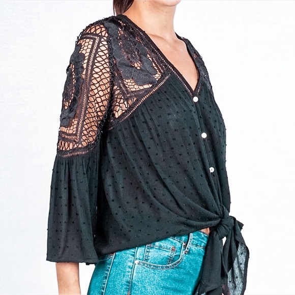 Black Swiss Dot Button Tie Front Bell-Sleeve Top - Picture 5 of 6